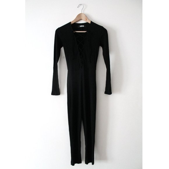 Reformation Chrissi Jumpsuit / Size 2 / Black Lace-Up Fitted Ribbed - Picture 4 of 10